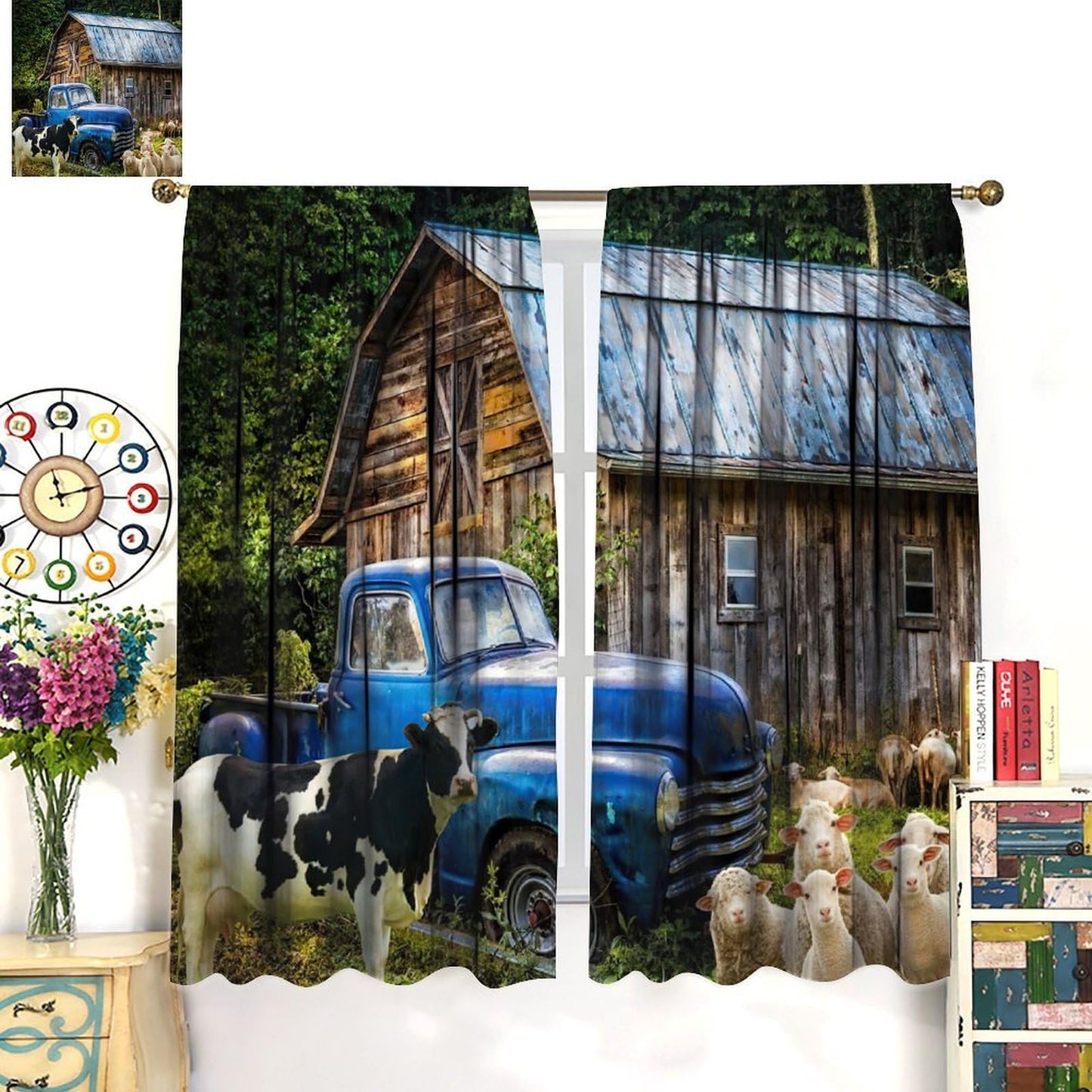 VUMIVI Rustic Farmhouse Curtains Barn Blue Pickup Truck Cows Sheep Trees Grasslands Pastoral Landscape Rod Pocket Window Treatments for Boys Girls Bedroom Kitchen Living Dining Cafe 42" W X 44.5" L