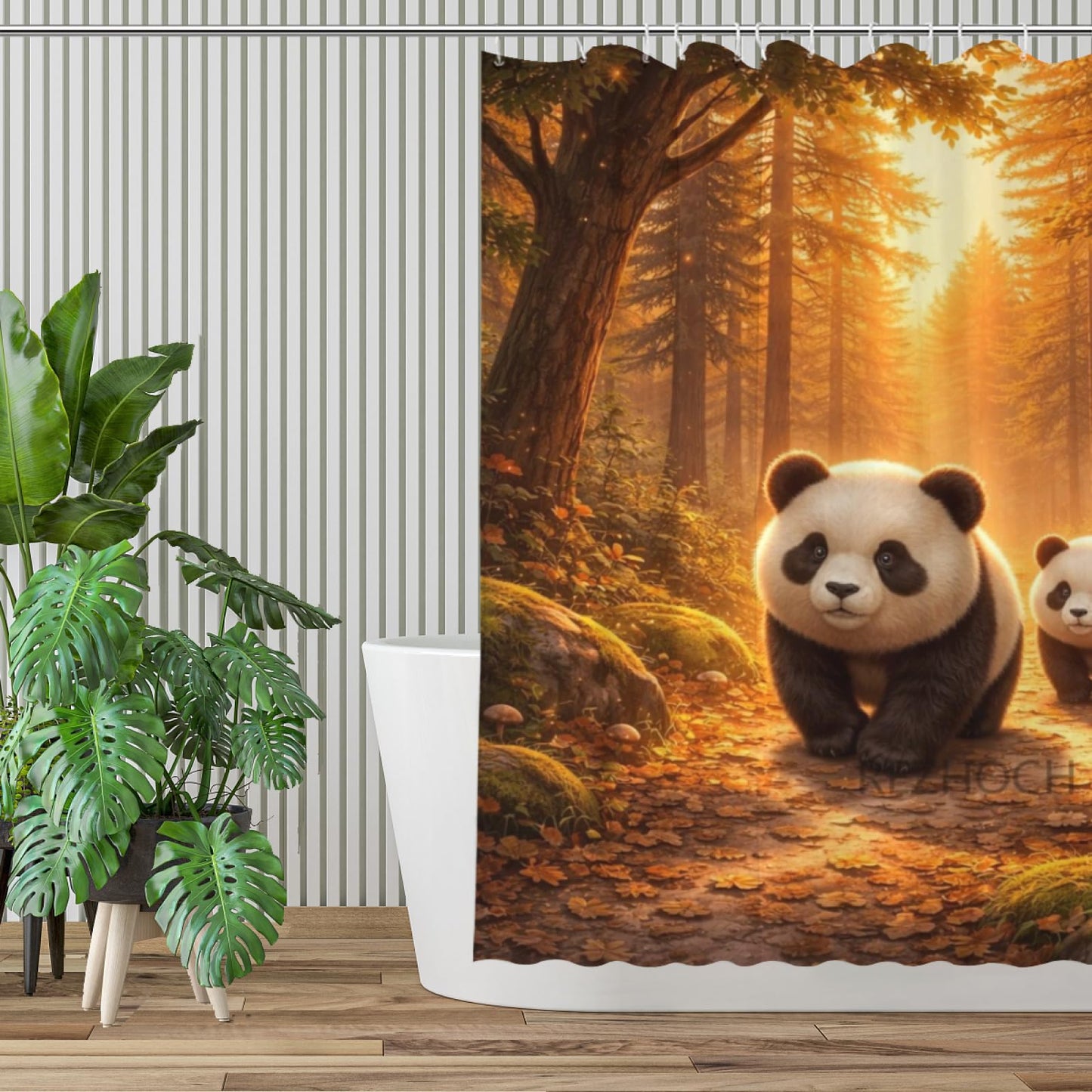 REZHOCH Cute Panda Forest Shower Curtain 72x72 Inch,Rustic Woodland Animals Home Bathroom Decor,Sunset Pine Oak Path Decor,Autumn Nature Waterproof Farmhouse Cabin Bath Set