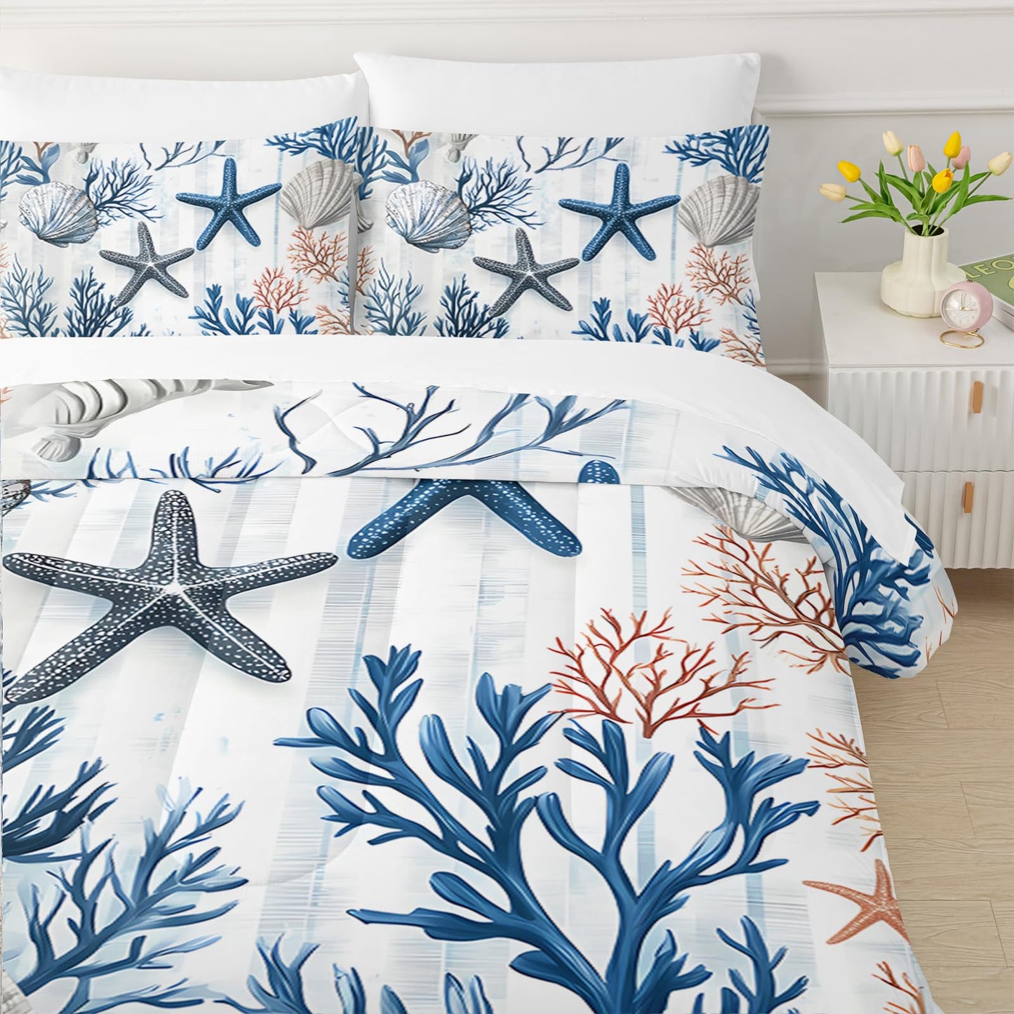 QOOMO Coastal 7 Pieces Comforter Set Queen Size,Coral Starfish Bedding Set for Kids Teens Girls-Include 1 Comforter,1 Fitted Sheet,1 Flat Sheet,2 Printing Pillowcases and 2 Black Pillowcases