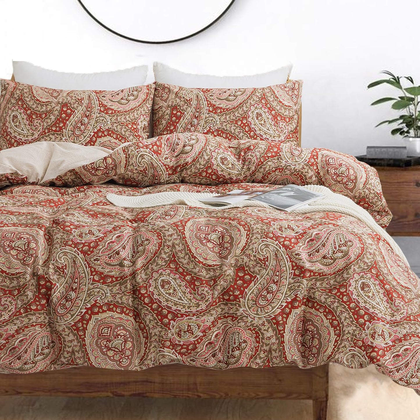 Zusbest Burgundy Duvet Cover Set Queen Size 100% Percale Cotton Red Beige Paisley Comforter Cover Toile Printed Bedding Luxury Crisp Soft Reversible Floral Bedding 3Pcs, Queen