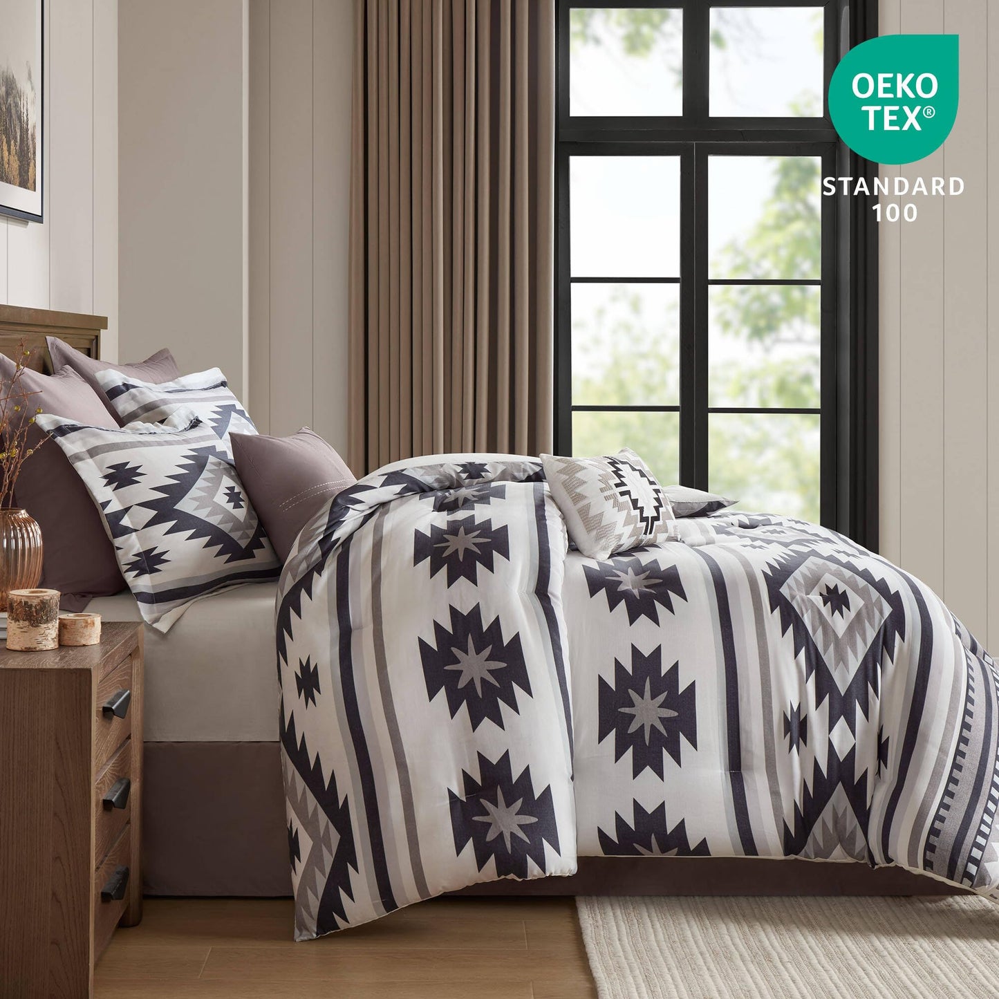 Woolrich Queen Comforter Set, Southwestern Aztec 8 Piece Bedding Set, Peached Herringbone Comforter, 300GSM All Season Down Alternative, Rustic Lodge Style Bedskirt, Euro Shams & Pillows, Taupe