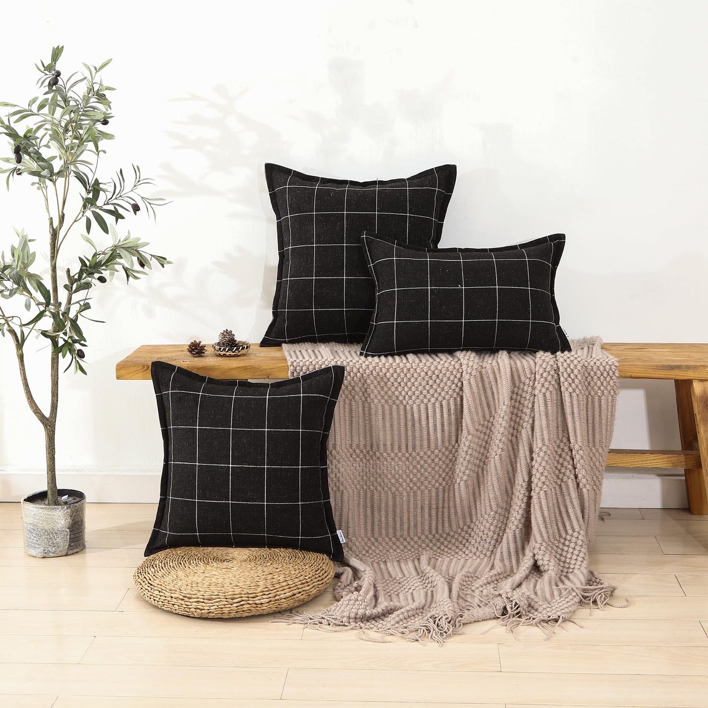 AMAROTI Black Plaid Linen Throw Pillow Covers 18x18 Inch Set of 2 Farmhouse Decorative Cushion Covers for Sofa Couch Living Room Bedroom