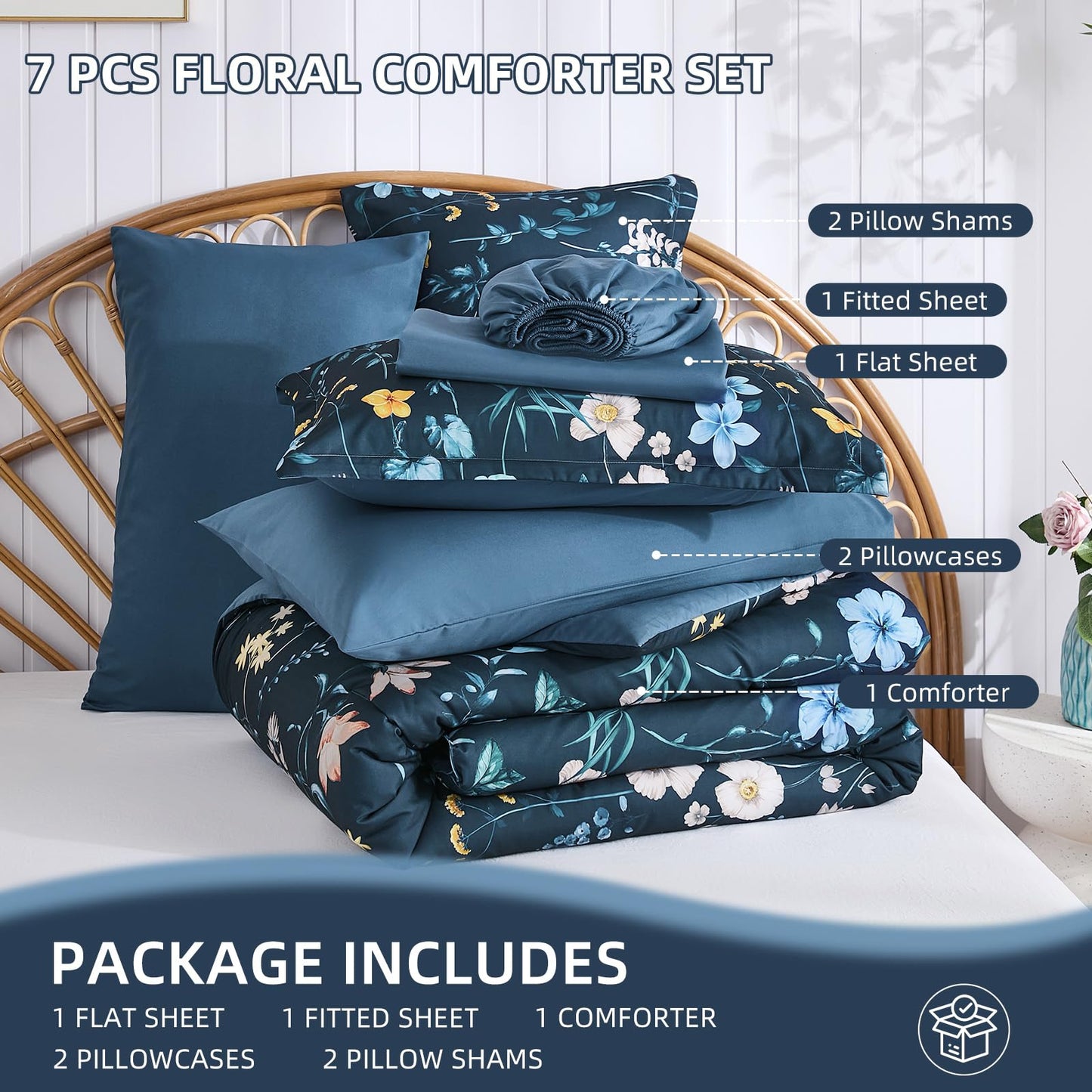 DJY Comforter Set King Size,Teal Blue Floral Bedding Comforter Sets,7 Pieces Bed in a Bag Lightweight Botanical Comforter Set with Sheets Pillowcases & Shams for All Seasons