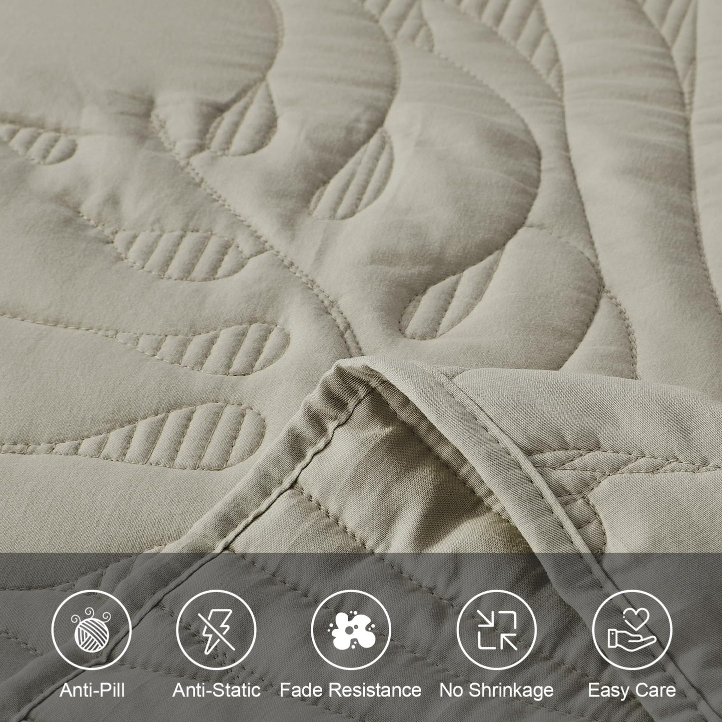 DaisyHuang Quilt Set King Size -Leaves Pattern Stitching Quilt Set - Elegant & Fresh Style Bedding Coverlets, Ultrasonic Quilting, Reversible, Lightweight, 4 Piece, Taupe