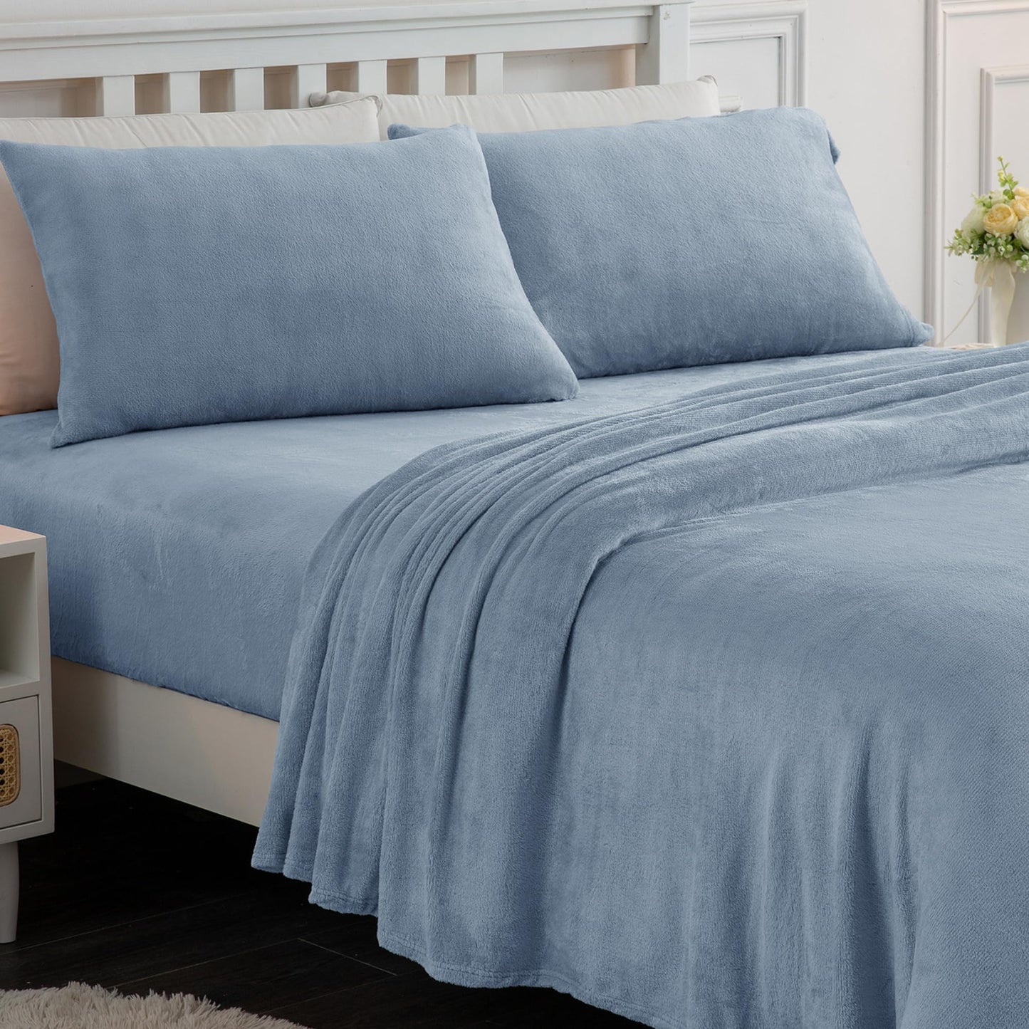 Softan Fleece Sheets Queen Size, Flannel Like Soft, Fuzzy Warm Plush Sheets, Velvet Polar Microfleece Bedding for Winter, Baby Blue