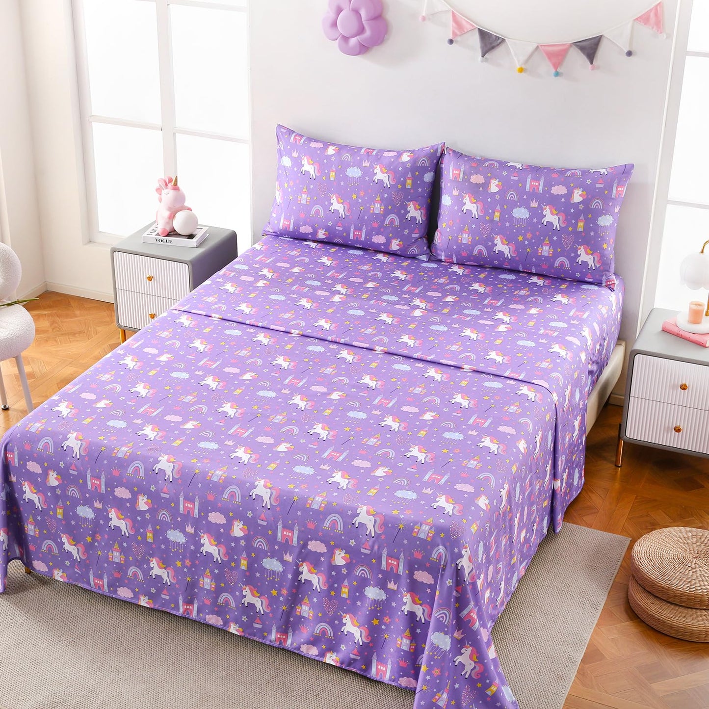MICORAL Kids Twin Sheet Set Dinosaur, 3 Pieces Unicorn Purple Sheets for Boys & Girls, Soft Printed Microfiber Bed Sheets, Deep Pocket Cozy Toddler Bedding Set