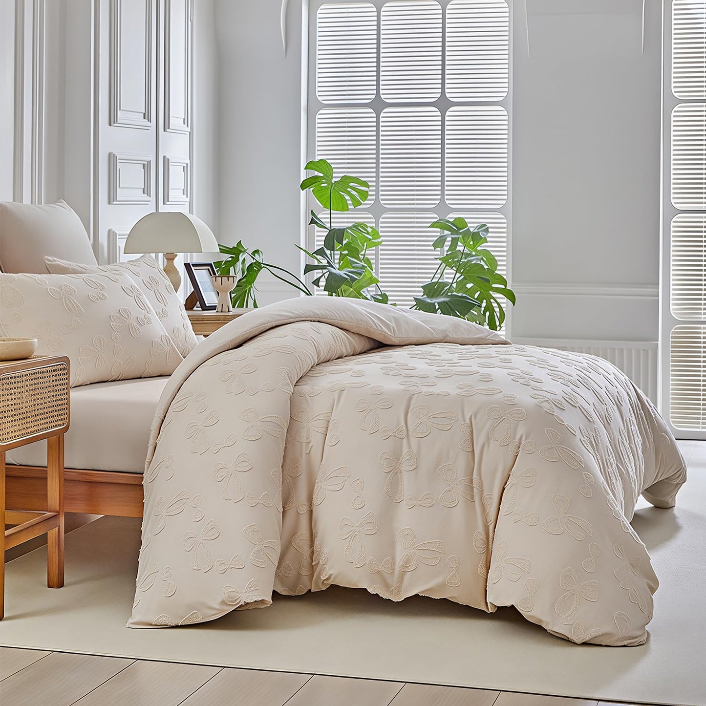 Jameswish 7 Pieces Bow Comforter Set for Girls Khaki Tufted Boho Bedding Set Queen Size Farmhouse Bed in A Bag as Gifts (1 Comforter, 1 Flat Sheet, 1 Fitted Sheet, 2 Pillowcase and 2 Pillow Sham)