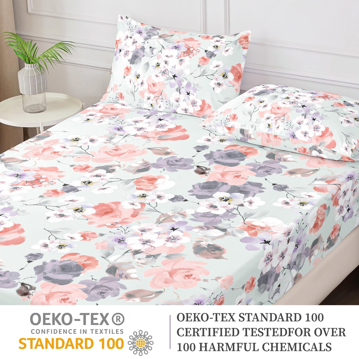 HCORA Floral Fitted Sheet with Pillow Cases, 100% Brushed Microfibre Deep Pocket Fitted Bottom Sheet, Ultra Soft, Shrinkage and Fade Resistant, Full Size