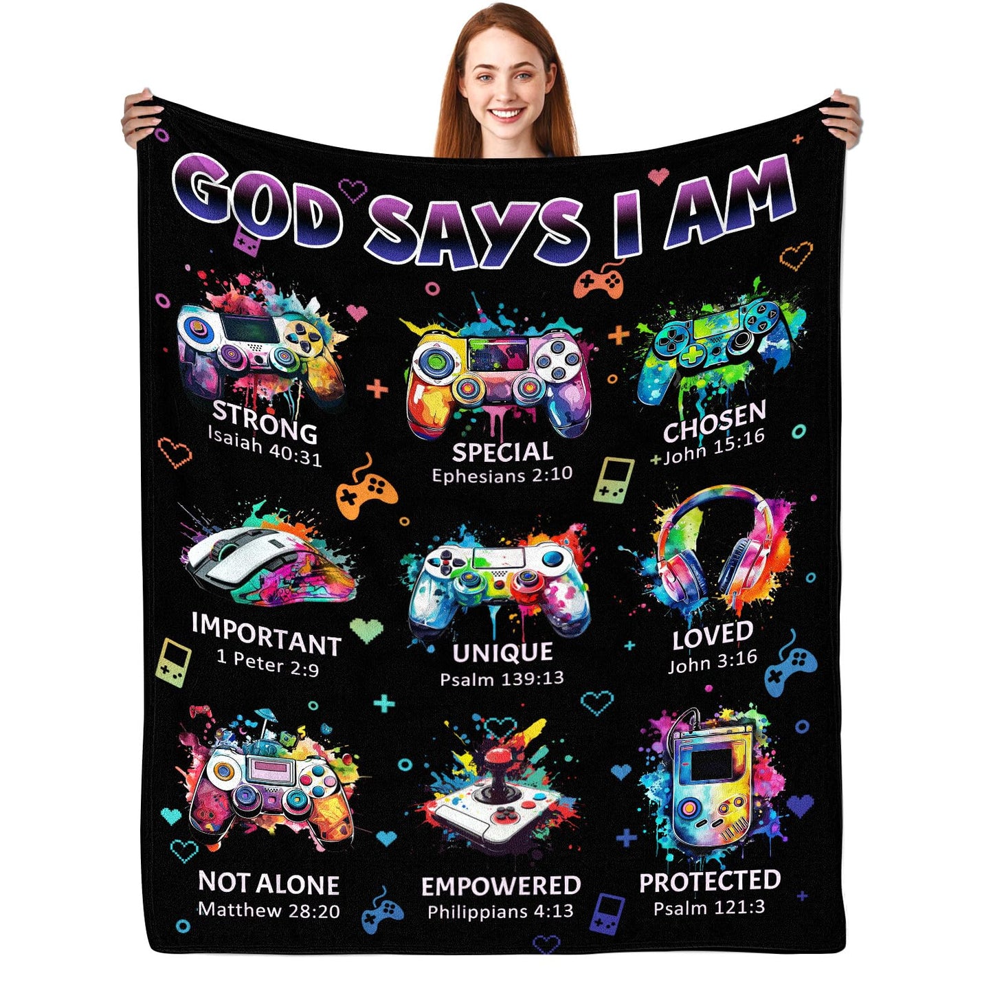 CIUGOIG Christian Gifts for Men Boys, God Says I Am Gamer Blanket 50"x60", Inspirational Religious Birthday Gifts for Game Lover Bible Verse Blanket, Gaming Gifts for Gamer, Christian Game Gifts