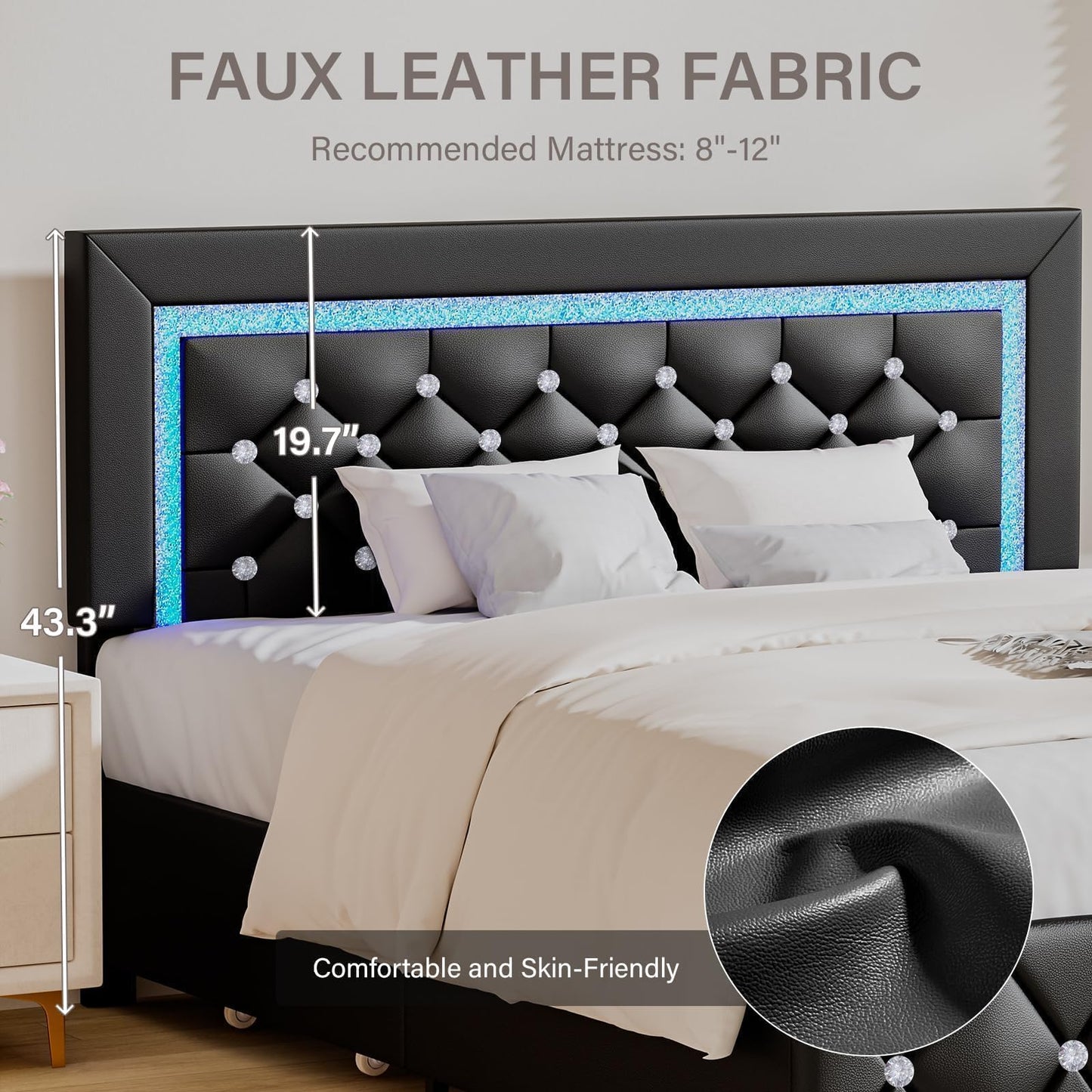 BarnFurin Twin Bed Frames with LED Lights and Storage Drawers, Upholstered Bed Frame with Diamond Headboard, Faux Leather Modern Platform Bed, Wooden Slats Support, No Box Spring Needed, Black