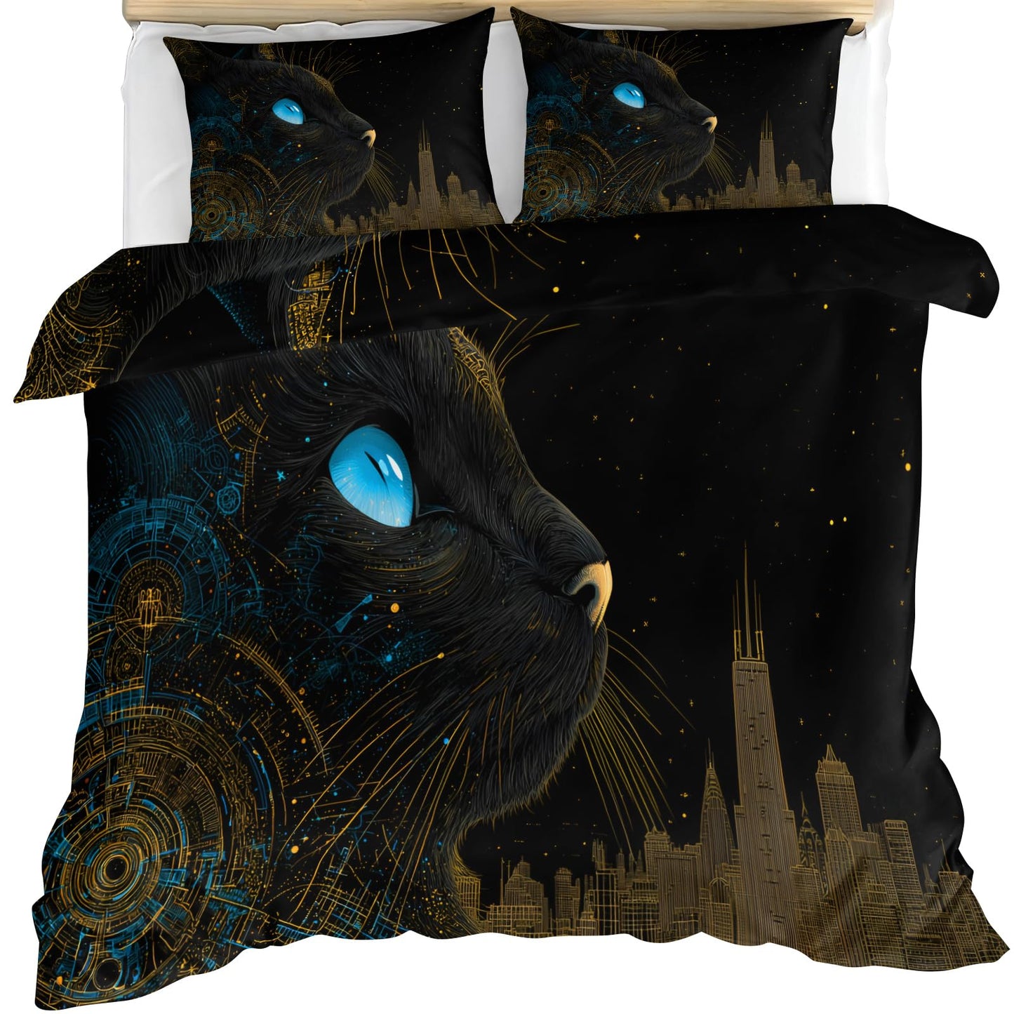 Black Cat Duvet Cover Twin Size Kids, Tech Art City Skyline Bedding Set Bedroom Decorative 3 Pieces Reversible for Teen Adult, Starry Night Sky Comforter Cover Lightweight Soft with 2 Pillowcases