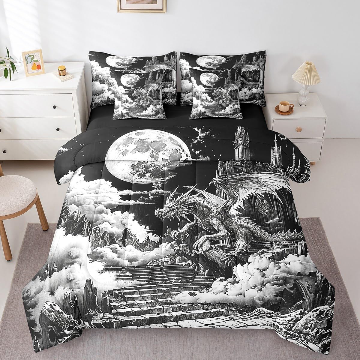 Erosebridal Ancient Castle Comforter Set King,Magical Dragon Bedding Set 7Pcs for Kids Teens Adults,Gothic Horror Midnight Bed in a Bag