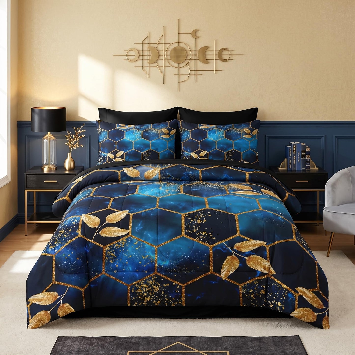 Nesker Comforter Set Queen Size, Luxury Geometric Hexagon 7 Pcs Bedding for Kids and Adults, Navy Blue Gold Marble Leaves Bed Sheet Sets with Fitted Sheet 2 Pillowcases & 2 Shams