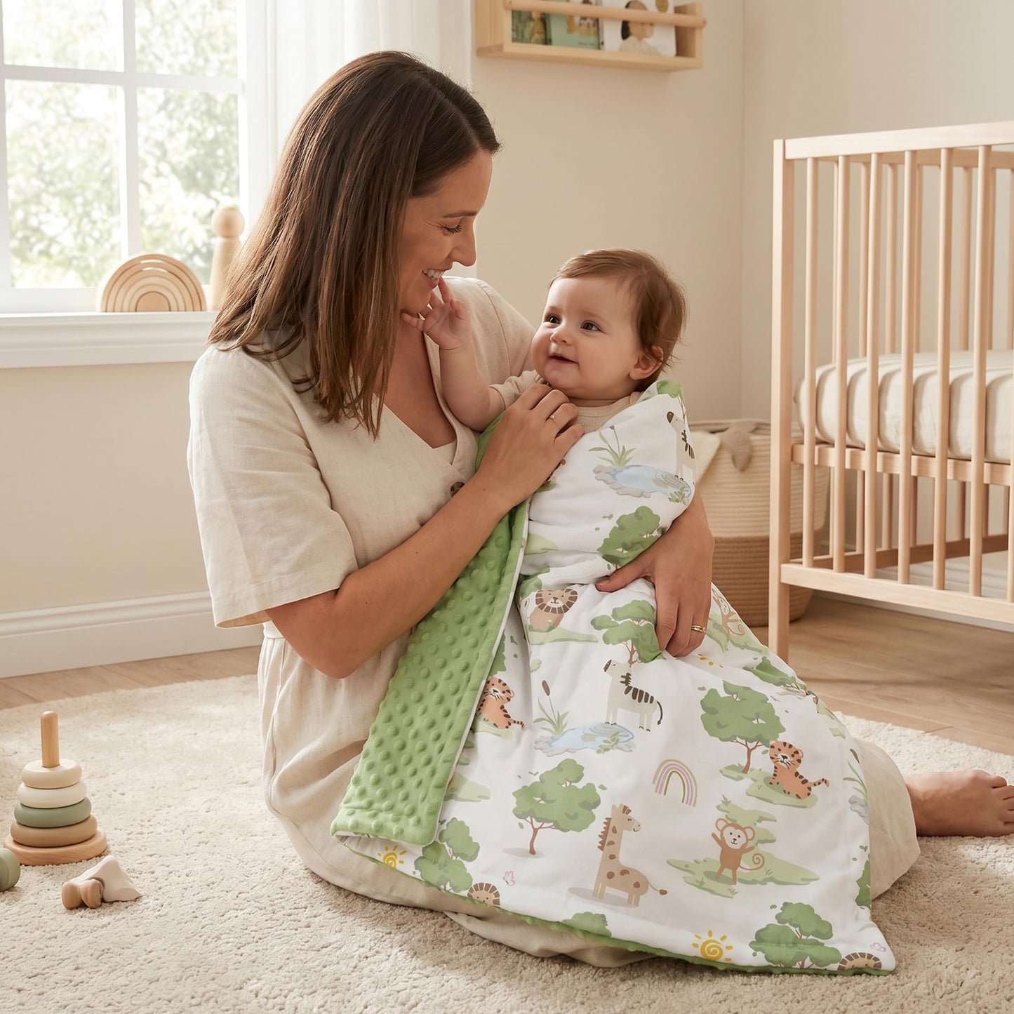CIVARUA KIDS Baby Blankets for Neutral, Green Animals, 30x40 | Soft Cozy Fleece Receiving Blanket for Newborn & Toddler, 3D Minky Dotted Backing, Breathable for Crib, Stroller & Tummy Time