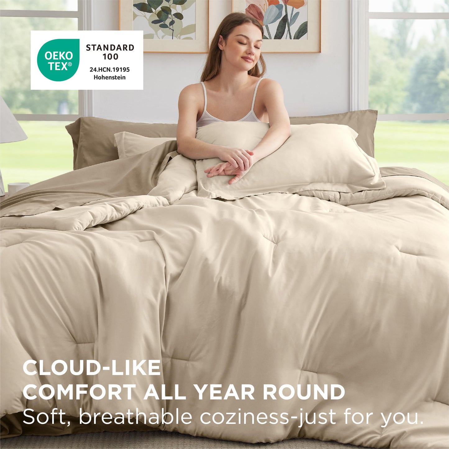 Bedsure King Size Comforter Set - 7 Pieces Light Beige King Bedding Set for All Seasons, Boho Contrasting Design Bed in a Bag with Comforter, Sheets, Pillowcases & Shams