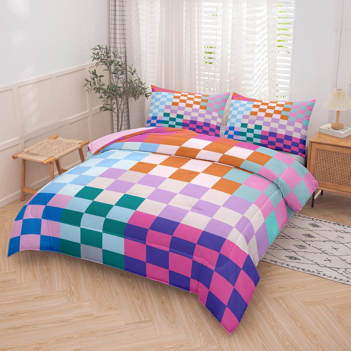 Tailor Shop Plaid Comforter Sets Full Bedding Set Women Men Checkerboard Grid Bedding Boys Girls Checkered Geometric Room Decor with 2 Pillowcases