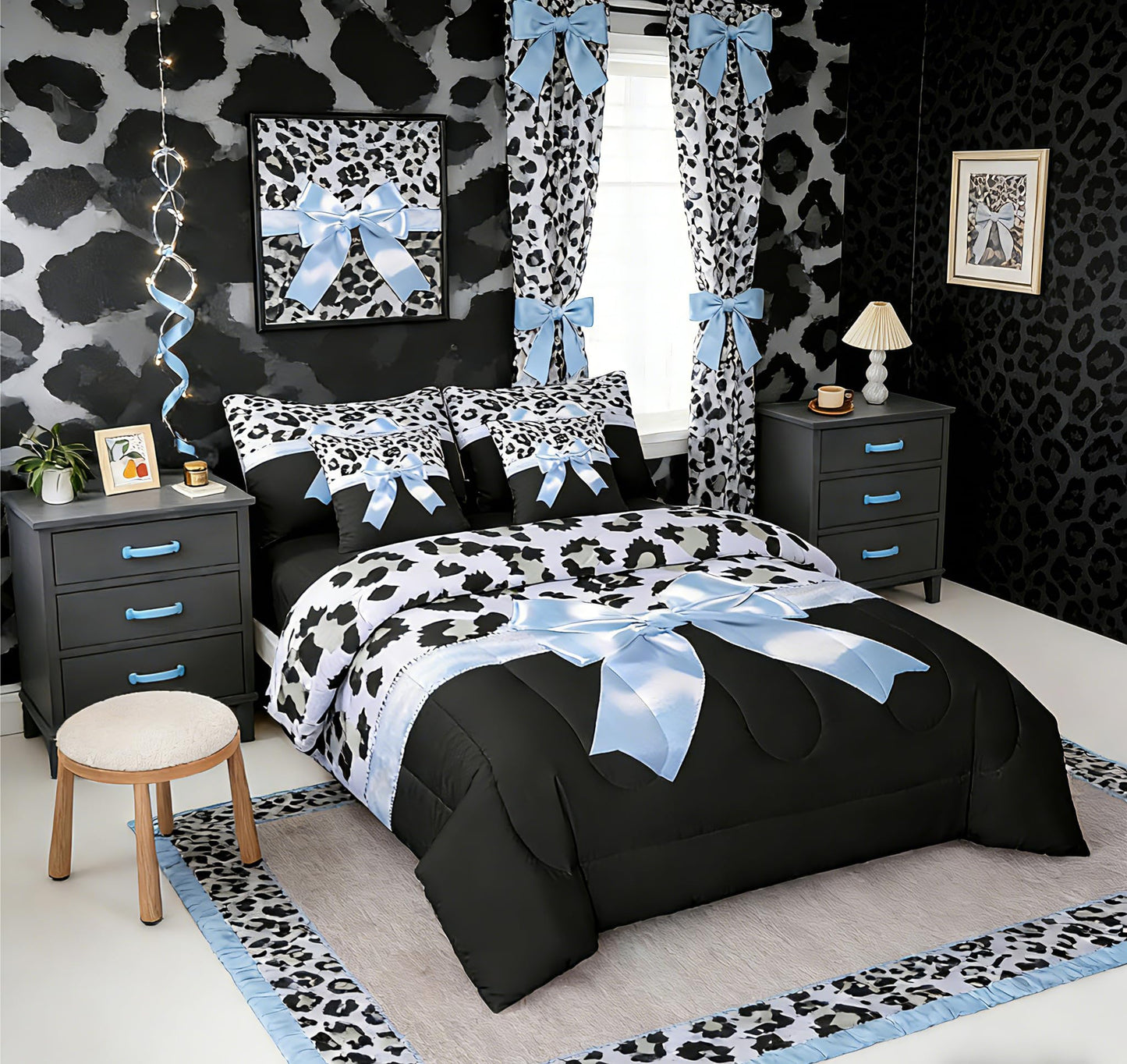 Feelyou Blue Silk Bowknot 7 Piece Bedding Set Queen Size Grey Leopard Comforter Set with Sheets for Kids Girls Women Black Blue Bed in a Bag Sweet Romantic Bed Set