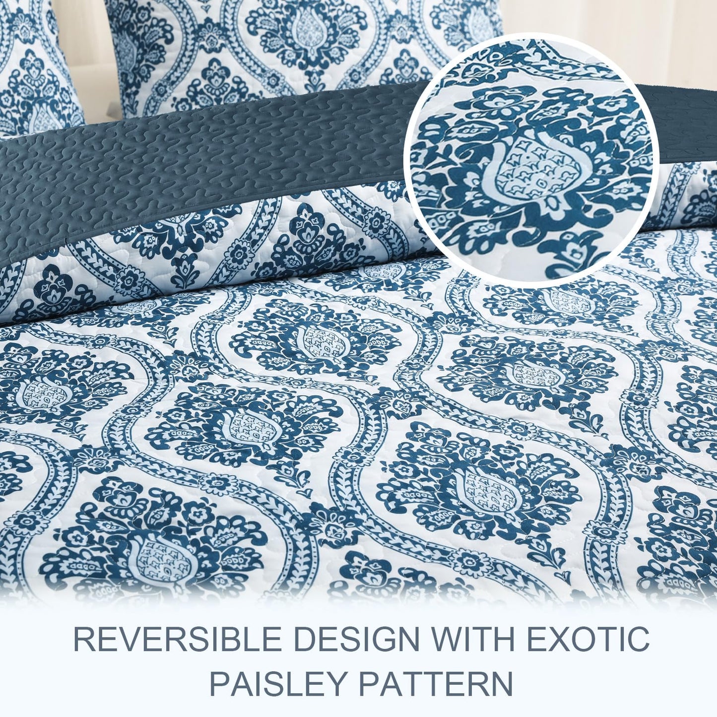 Exclusivo Mezcla Reversible Boho Quilts Queen Size, Blue Soft Bedspreads Lightweight Coverlet All Season Damask Quilt Bedding Set with Printed Floral Pattern (1 Quilt, 2 Pillow Shams)