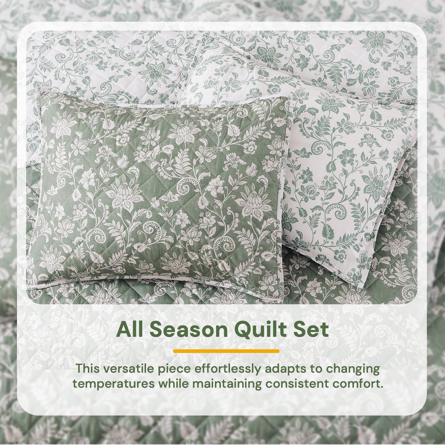 BLOOMHAVEN Quilt Set Queen Size, Green Floral Quilt Sets, Reversible Bedspread Lightweight and Breathable for All Seasons, Soft Quilted Bedspread with 2 Pillow Shams