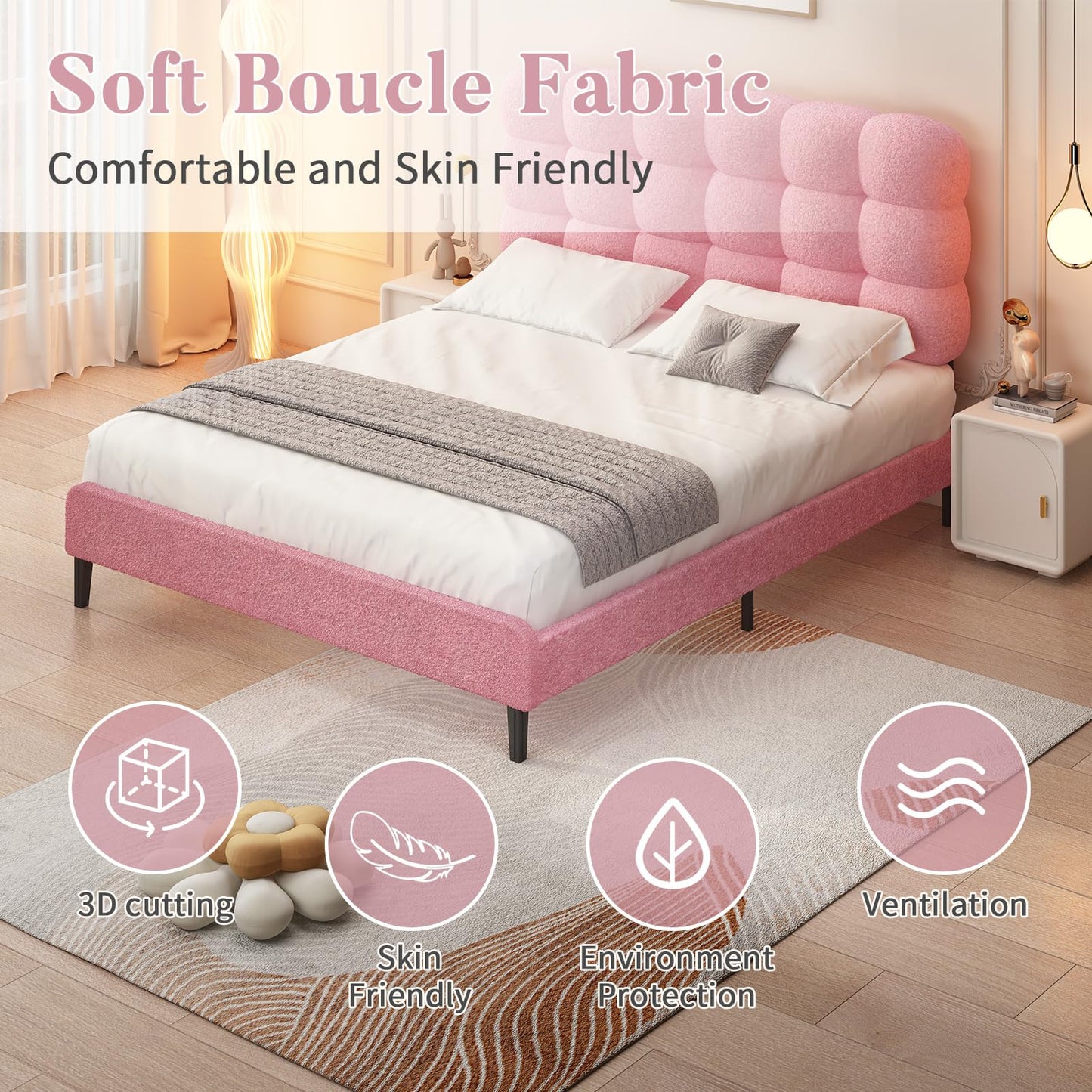 BarnFurin Full Size Bed Frame with Upholstered Headboard, Soft Boucle Fabric, Platform Bed with Strong Wooden Slats Support, Two Bed Forms Design, No Boxing Spring Needed, Easy Assembly, Pink