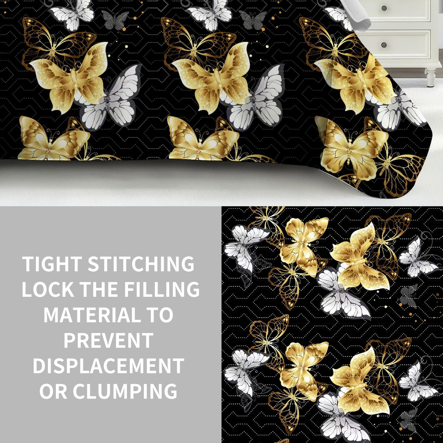 Deepsleep King Bedspread Set 9 Pieces, All Season Luxury Bed in a Bag for Bedroom, with 2 Pillowcases and 6 Curtains, Ultra-Soft Microfiber for Complete Bedroom Decor, Black Gold Butterfly