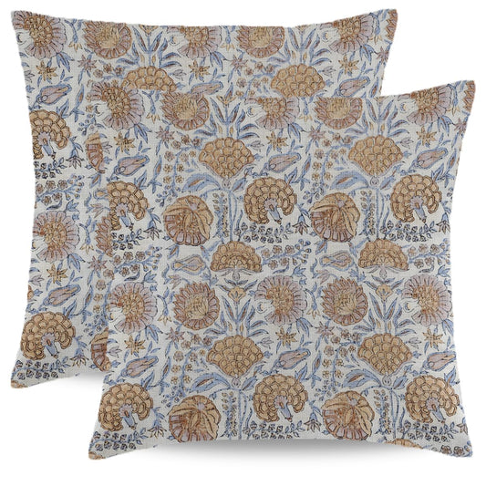 Wsunsal Boho Floral Pillow Covers 20x20 Inch Set of 2 Farmhouse Blue Brown Block Print Throw Pillow Cover Vintage Flower Outdoor Decorative Pillowcase Linen Cushion Cover for Home Sofa Bedroom