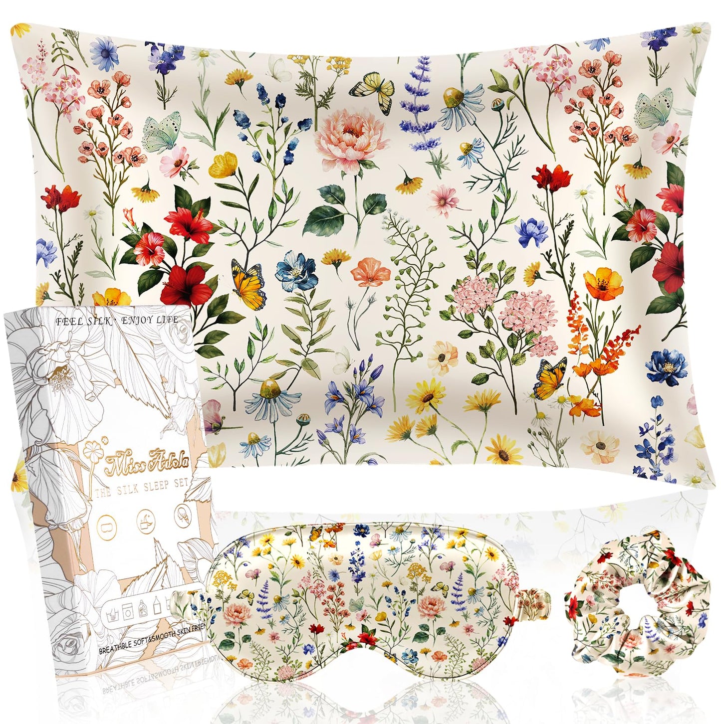Miss Adola Mulberry Silk Pillowcase Set - 1 Pc Silk Pillowcase with Eye Mask & Scrunchie, Soft Standard 20"x26" Pillow Case for Hair and Skin, Sleeping Gift for Women, Flower Floral