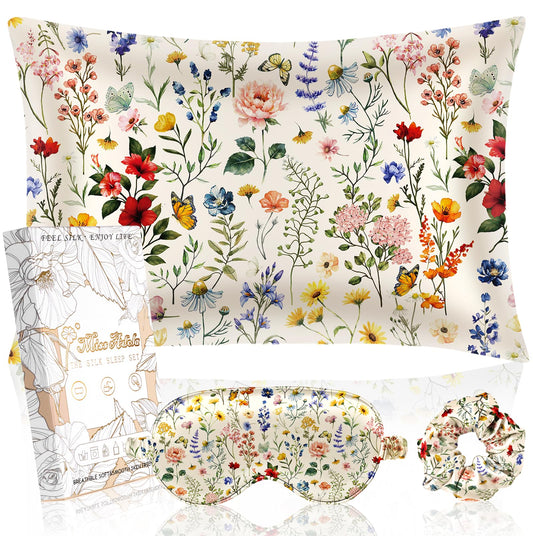Miss Adola Mulberry Silk Pillowcase Set - 1 Pc Silk Pillowcase with Eye Mask & Scrunchie, Soft Standard 20"x26" Pillow Case for Hair and Skin, Sleeping Gift for Women, Flower Floral