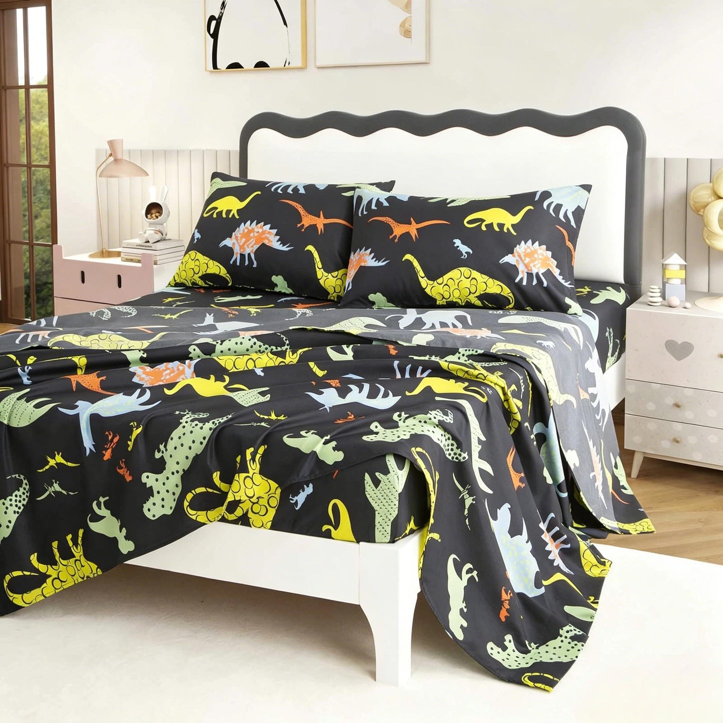 SDY 4 Pieces Dinosaur Sheets Queen, Soft Dinosaur Microfiber Bed Sheets for Boys, Girls, Kids and Toddler, Bed in A Bag with 1 FittedSheet+ 1 Top FlatSheet + 2 Pillowcases
