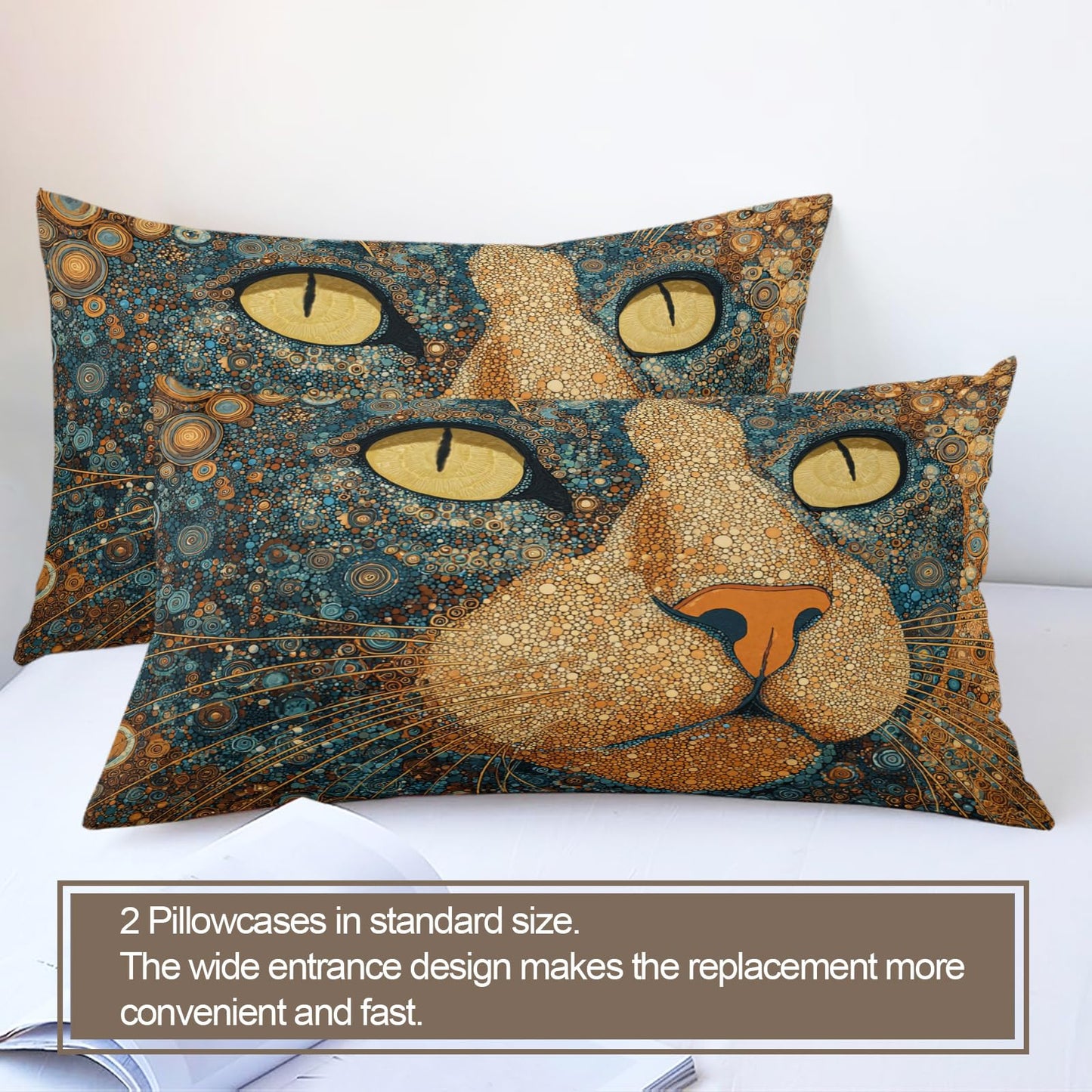 ZAMODE Cat Duvet Cover 90" x 90", Vintage Mid Century Cat Bedding Set, Boho Exotic Kitten Comforter Cover with Zipper Ties
