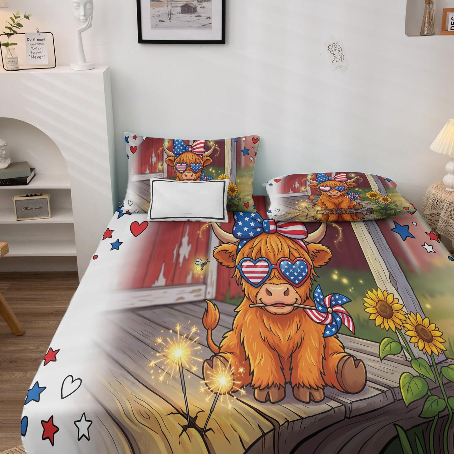 zcsm Funny Highland Cow Sheets King Size Bed Set - 4th of July Bed Sheets, Soft Microfiber & Deep Pocket & Wrinkle Free Sheet & Pillowcase Sets, Patriotic Bedding for Bedroom Decor