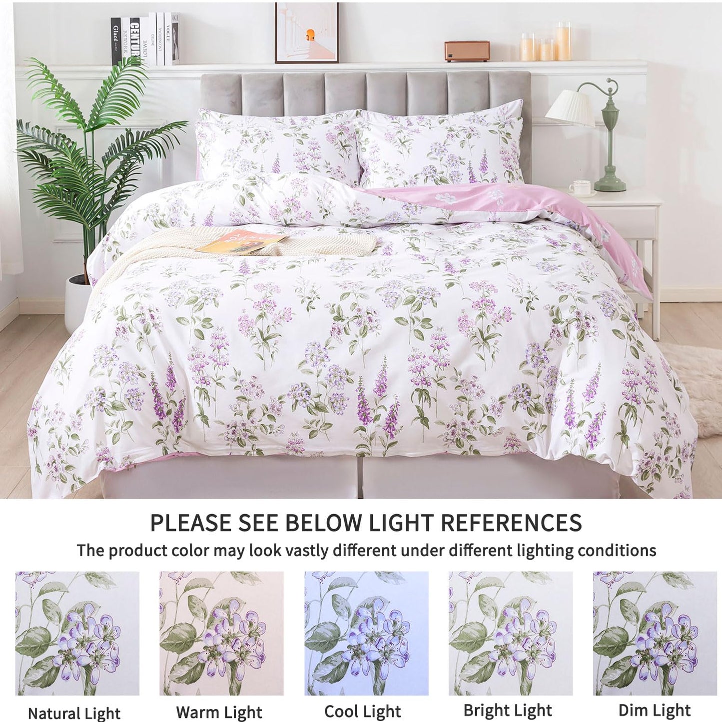 FADFAY Purple White Floral Duvet Cover Sets King/Cal King 100% Cotton Lilac Lavender Reversible Comforter Cover French Country Bedding All Season Soft Crisp Green Leaves Bed Cover with Zipper 3Pcs
