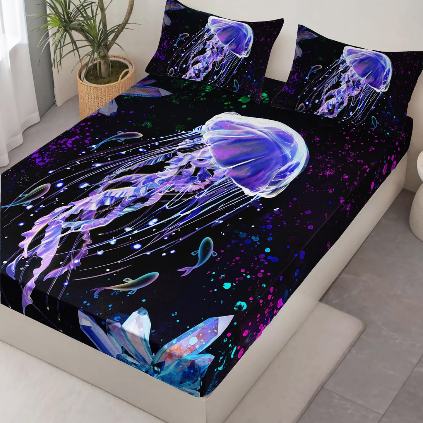HOSIMA Dreamy Marine Life Sea Animal Bedding Colored Ink Fitted Sheet,Deep Sea Treasure Crystals Jellyfish Twin Bed in a Bag Set for Adults Kids,Ocean Beach Theme Bedding 3 Piece.