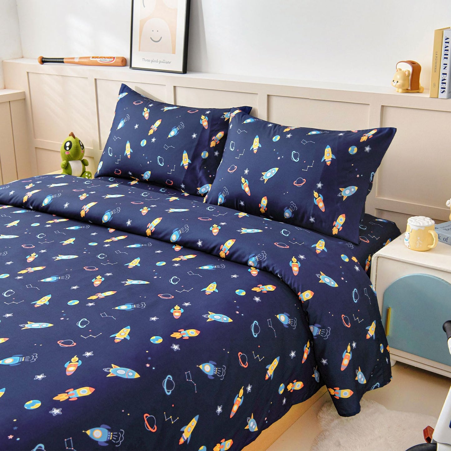 Swiftify Twin Bed Sheets Set for Boys, 3-Piece Bed Sheet Set for Toddler, Soft Brushed Microfiber Bedding, Deep Pocket, Wrinkle & Fade Resistant, Space Rocket
