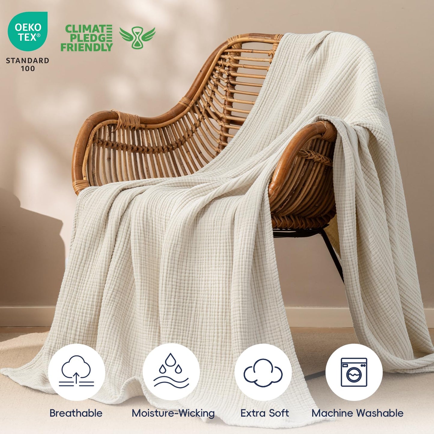 PHF 100% Cotton Muslin Throw Blanket 50" x 60", 4-Layer Lightweight and Breathable Blanket, Luxuriously Soft Gauze Throws for Couch Bed Sofa, Ideal Gift Choice, Oat Milk