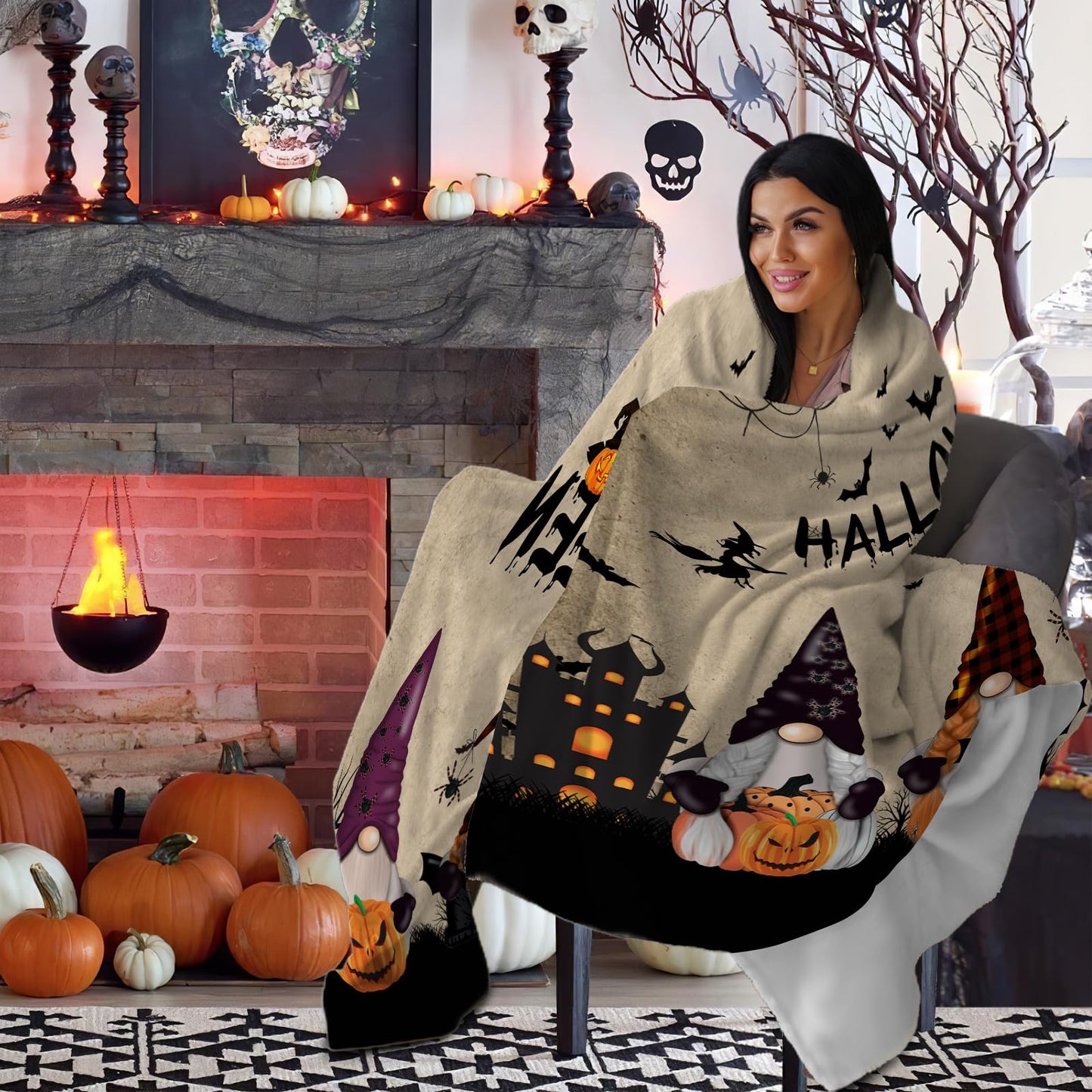 Halloween Gnome Blanket Flannel Fleece Throw Blankets Halloween Bats Black Cat Blanket Lightweight Cozy Warm Fuzzy Plush Soft Blankets for Couch Bed Sofa 50X60 Inches