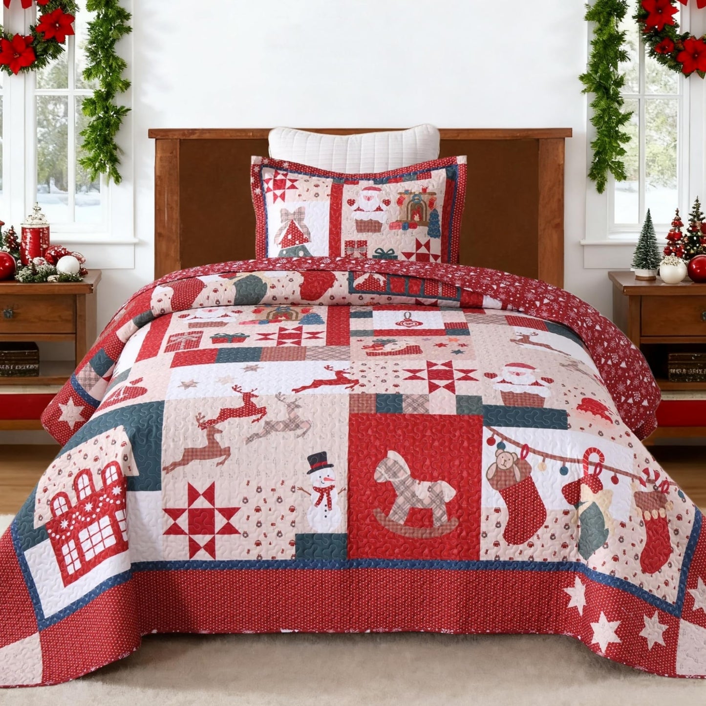 MarCielo 2 PCS Vintage Christmas Patchwork Quilt Set – Reversible Holiday Bedspread