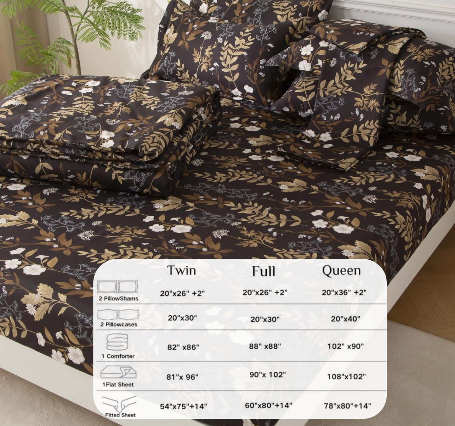 SDY 7PCS Twin Dark Floral Comforter and Sheet Set，Cute Soft Black Flower Microfiber Bedding Sets for Man Woman Adult Includes 1*Comforter,1* Flat&Fitted Sheet,2*Pillowcases,2*PillowcaseShams