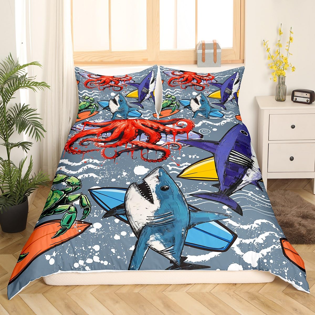 Feelyou Kids Cute Shark Bedding Set Cartoon Octopus Comforter Cover for Boys Children Ocean Surfing Animal Duvet Cover Sea Marine Creature Bedspread Cover Room Decor 3Pcs With 2 Pillow Case Queen Size