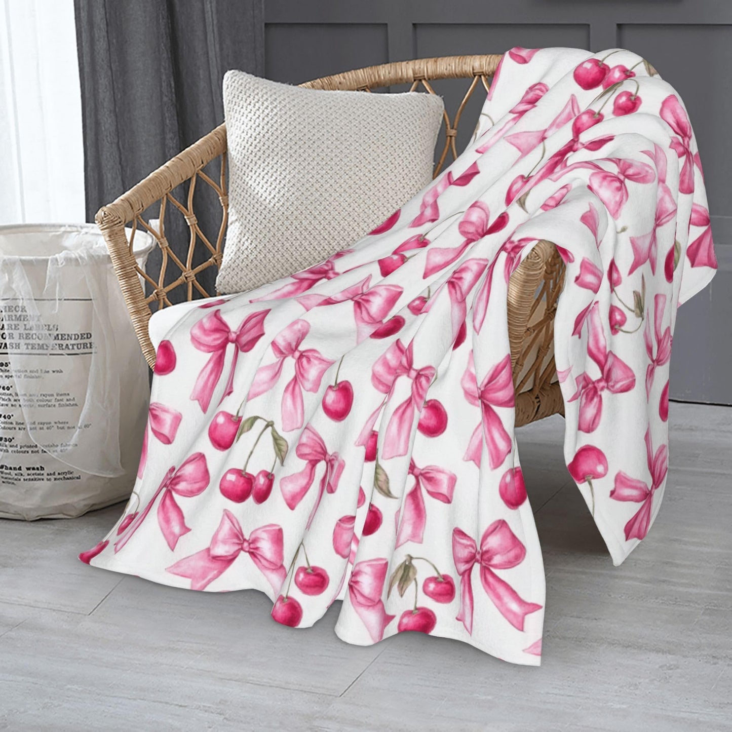 Pink Bow Cherry Flannel Throw Blanket Soft Cozy Blanket for Living Room Couch Sofa Bed 50 x 60 Inches