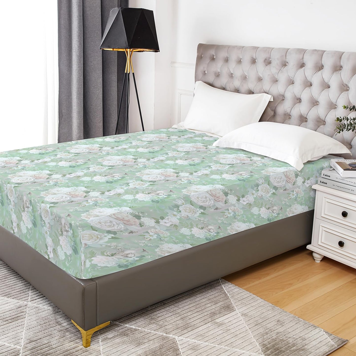 YIYEA Floral Fitted Sheet Only, Premium Double Brushed Microfiber Deep Pocket Fitted Sheet Queen Size, Ultra Soft Fitted Bottom Sheet, Shrinkage, Fade Resistant, Queen