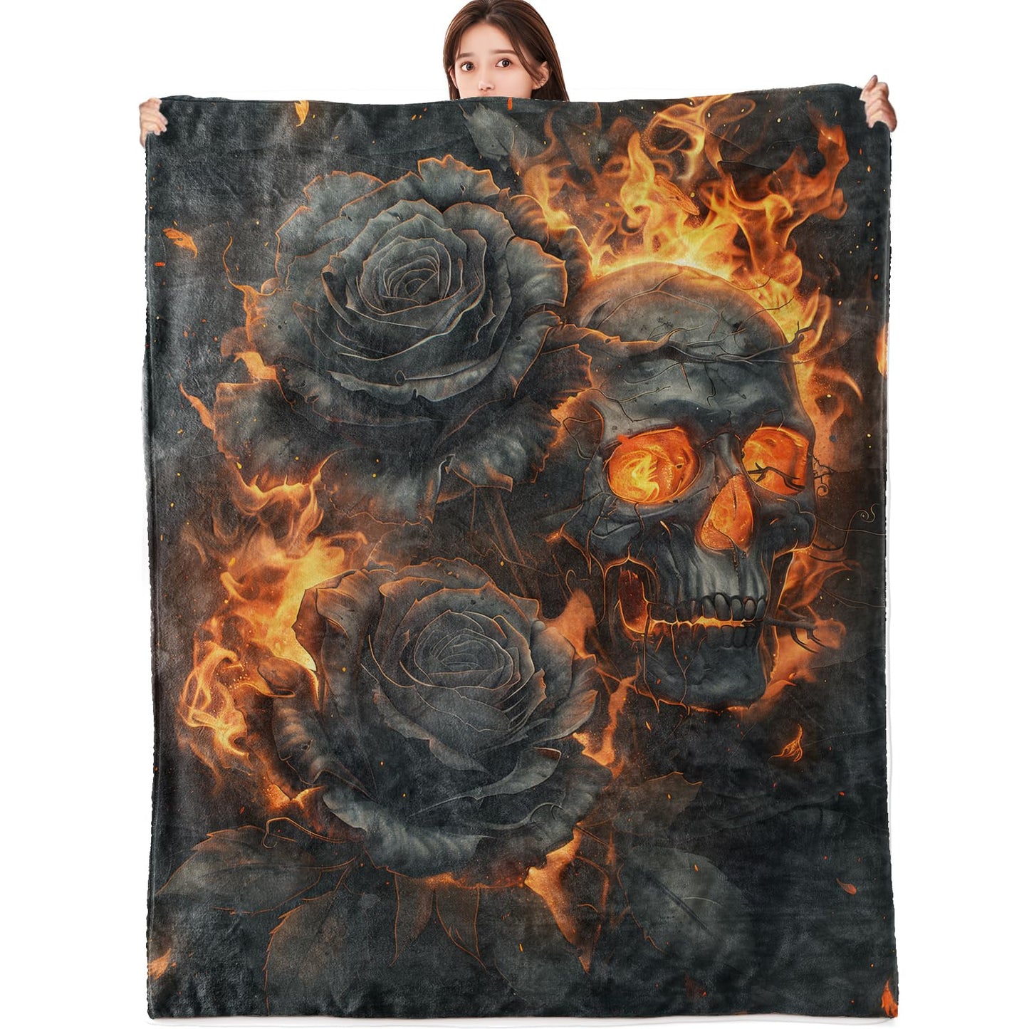 vnlvnl Gothic Skull and Black Rose Blanket Lightweight Flannel Blankets Gifts for Adults with Dark Fiery Art Printed Throw for Couch Chair Office Bedroom Autumn Halloween Decor, 60x50inch