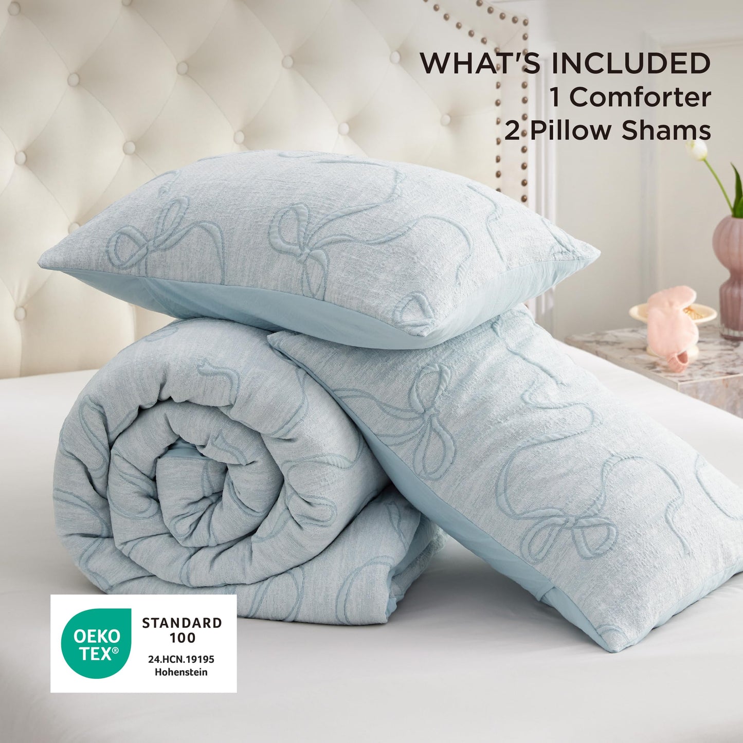 Bedsure Dusty Blue King Size Comforter Set, GentleSoft™ 3 Pieces Breathable Bow Comforter Set Women with 2 Pillow Shams, Cute King Bedding Set Room Decor Aesthetic Bedroom Decor, 104x90 Inches