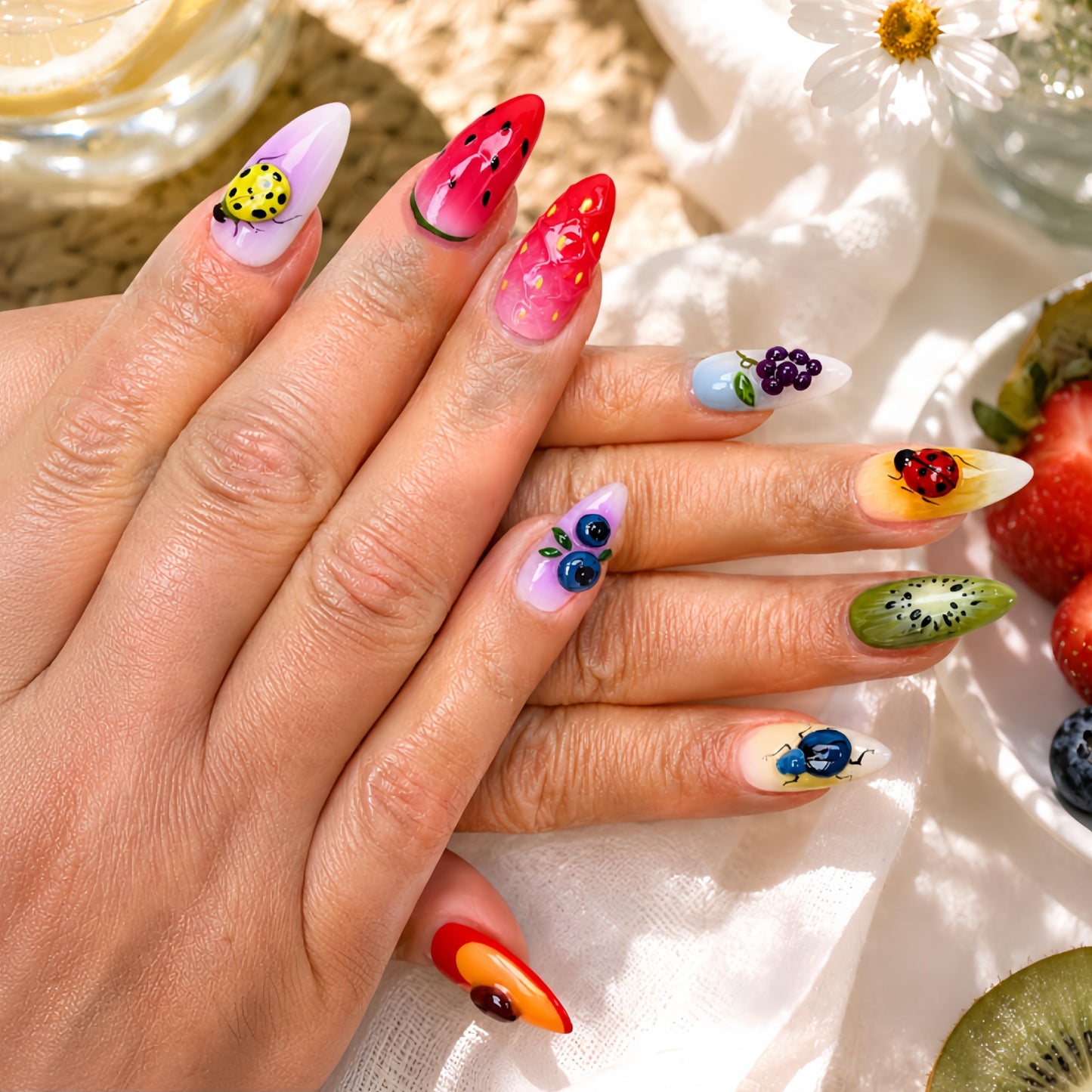 Handcrafted Press On Nails 3D Stereo Fruit and Insect Theme Fun Cherry Strawberry Kiwi Shape 100% Handmade Realistic Artistic Hand Nail Gifts For Women (3D Fruit Insect, Medium M)
