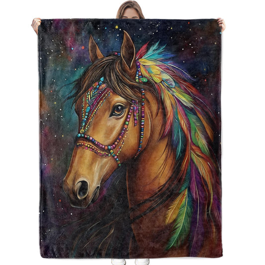 Bidesk Beautiful Horse with Colorful Feathers Blanket - Ultra Soft, Cozy, Warm, Lightweight & Fuzzy Flannel Throw Blankets, Ideal for Couch, Bed, Travel & Outdoor Use - for Men Women Adults 60"×50"