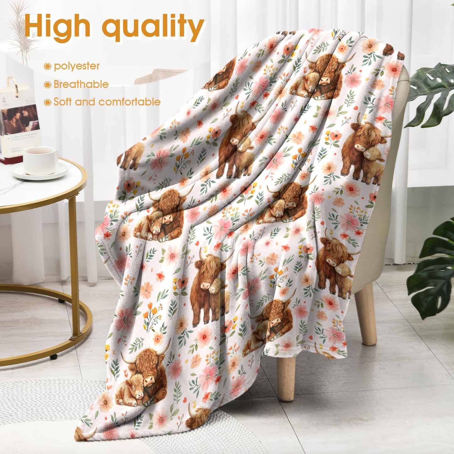 Hohoto Highland Cattle Floral Blanket Flower Gifts for Women Girls Adults Kids Men Boys Birthday Christmas Halloween Easter Wife Mom Girlfriend Dad Son Husband Spring Throw Blanket 50"x60"