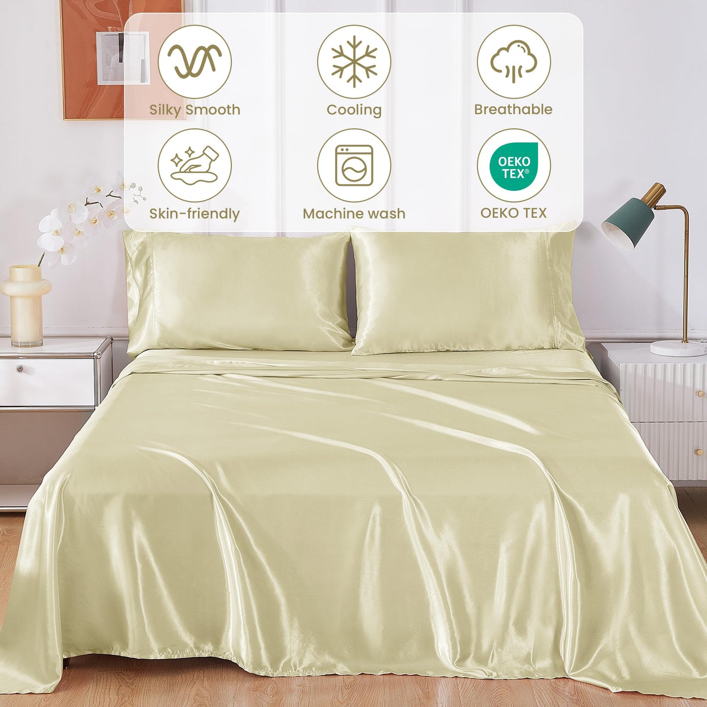 lasoftan Silk Satin King Sheets Set, Silky Fitted Bed Sheets with 15" Deep Pocket & Non-Slip Corner Straps, Luxury Hotel Satin Sheets King Size, Champagne Summer Cooling Sheets & Pillowcase Set