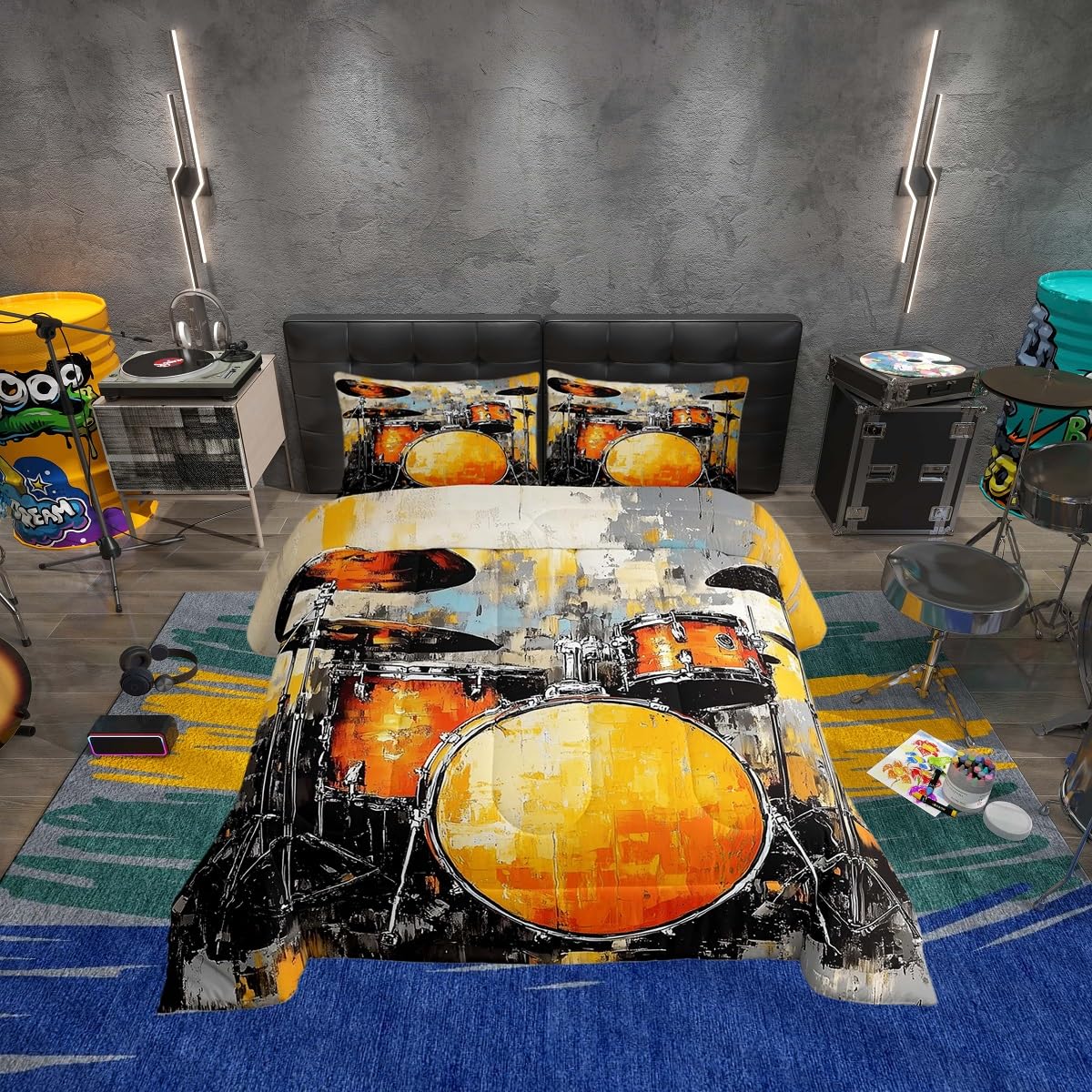 Erosebridal Drum Kit Comforter Set Queen Rock Music Instruments Bedding Set Watercolor Drum Kit Comforter for Kids Boys Girls,Drum Lovers Quilt Duvet