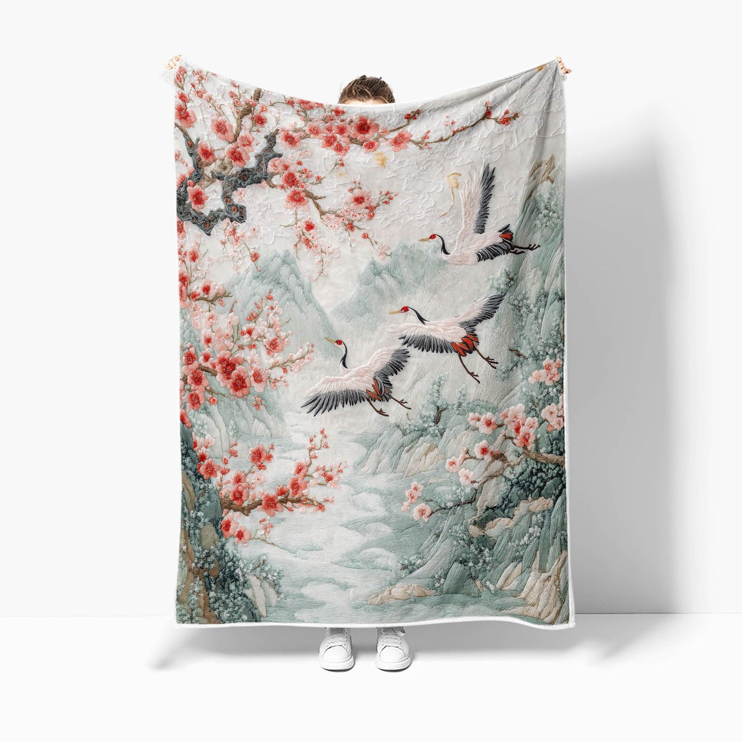 DYNH Asian Nature Landscape Crane Throw Blanket,Cherry Blossom Mountain Floral Bird Blanket for Adult Women Girls Teens, Asian Anime Plush Cozy Fuzzy Travel Blankets for Couch Bed,Multi1,50X60