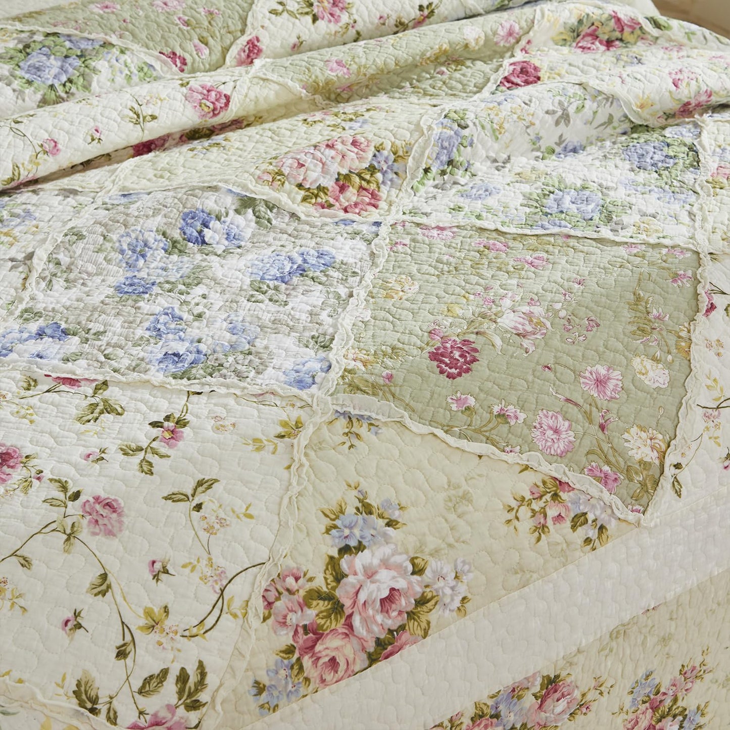 Brandream Patchwork Quilts Cotton Queen Size Country Rustic Rose Floral Bedding Coverlet Set 3-Piece Pale Yellow